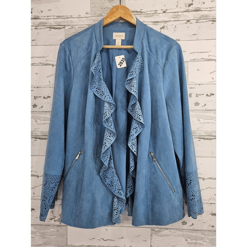 Chico's Blue Faux Suede Laser Cut Ruffle Front Jacket Size 3 XL Open Front